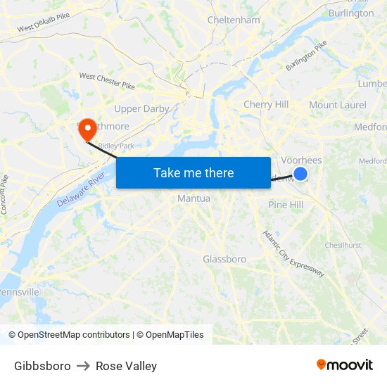 Gibbsboro to Rose Valley map