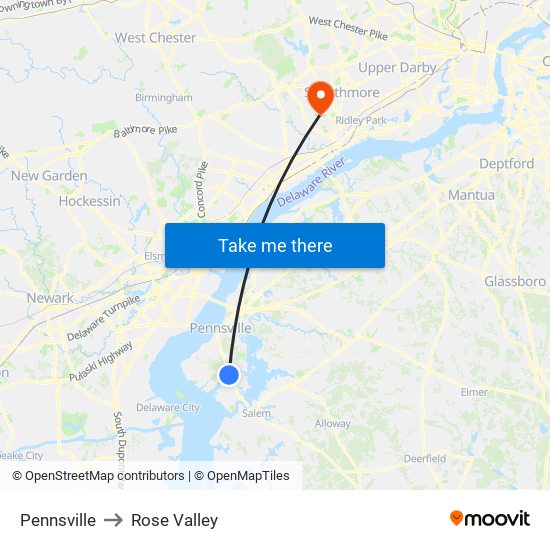 Pennsville to Rose Valley map