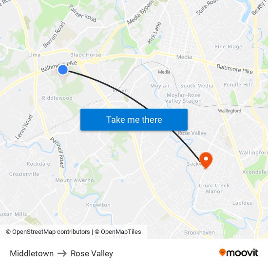 Middletown to Rose Valley map
