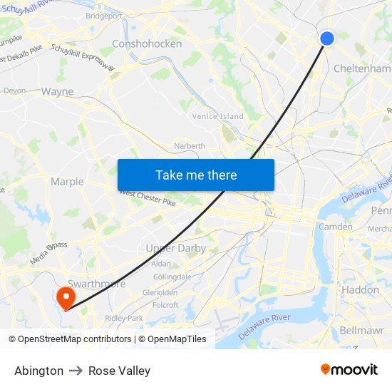 Abington to Rose Valley map