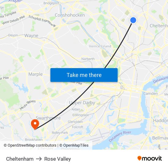 Cheltenham to Rose Valley map