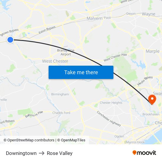 Downingtown to Rose Valley map