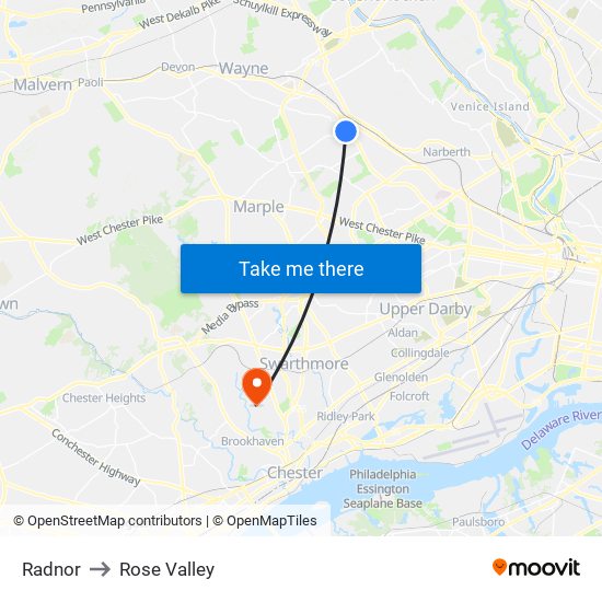 Radnor to Rose Valley map