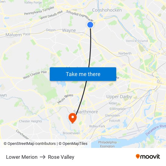 Lower Merion to Rose Valley map