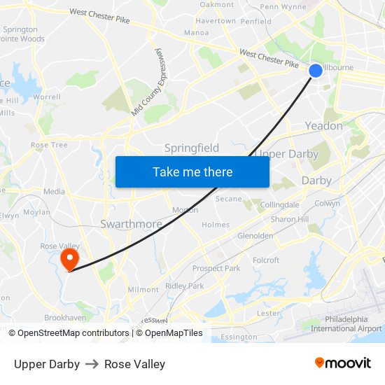 Upper Darby to Rose Valley map