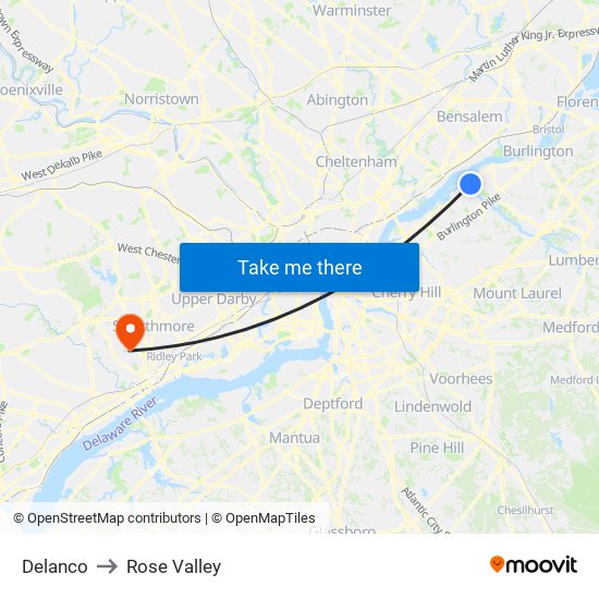 Delanco to Rose Valley map