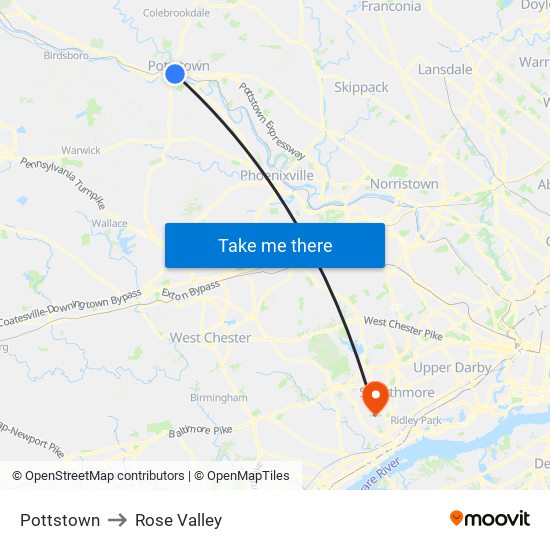 Pottstown to Rose Valley map