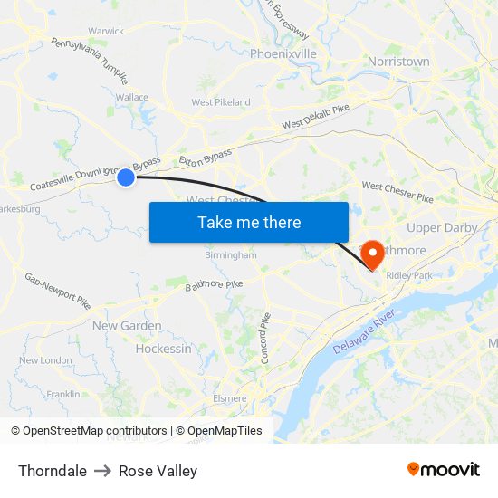 Thorndale to Rose Valley map