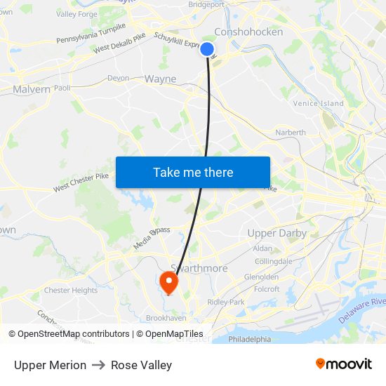 Upper Merion to Rose Valley map