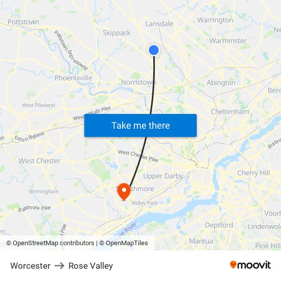 Worcester to Rose Valley map