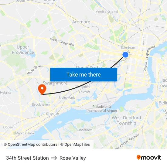 34th Street Station to Rose Valley map
