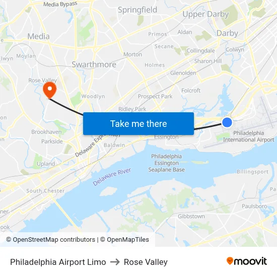 Philadelphia Airport Limo to Rose Valley map