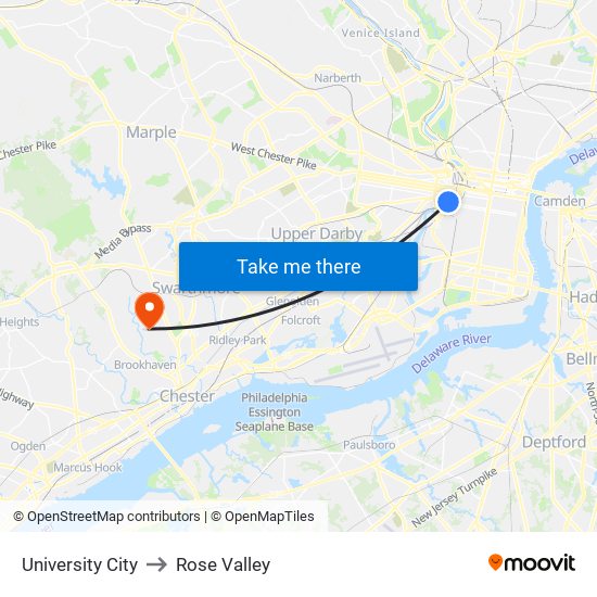 University City to Rose Valley map