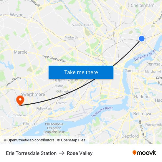 Erie Torresdale Station to Rose Valley map