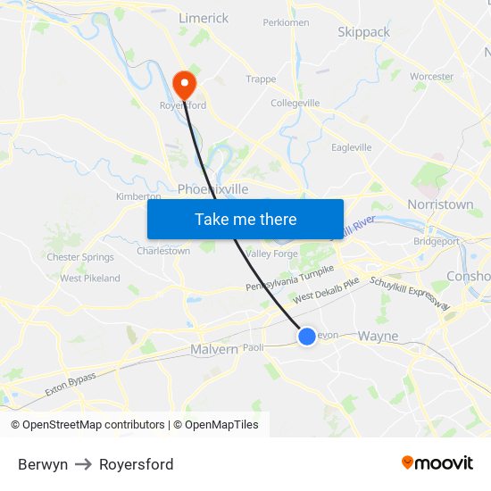 Berwyn to Royersford map