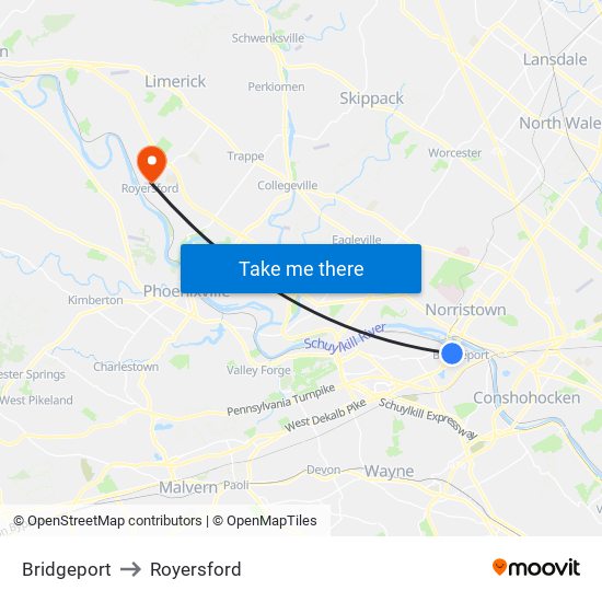 Bridgeport to Royersford map