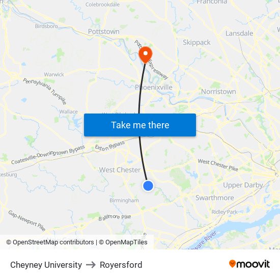 Cheyney University to Royersford map