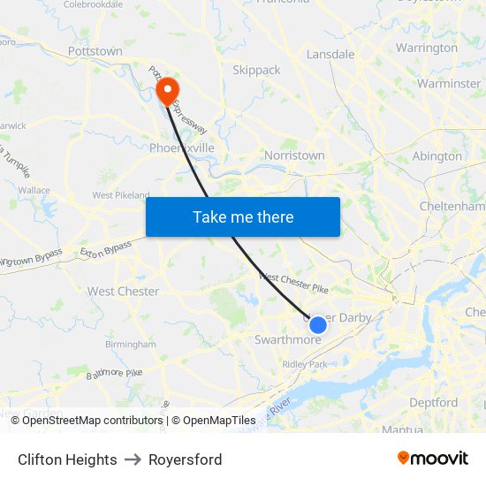 Clifton Heights to Royersford map