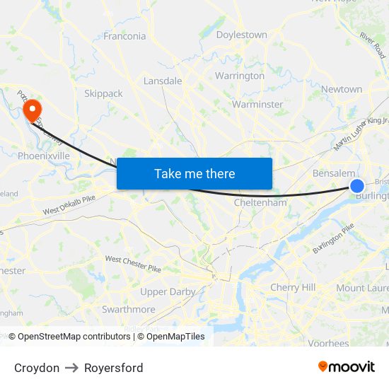 Croydon to Royersford map