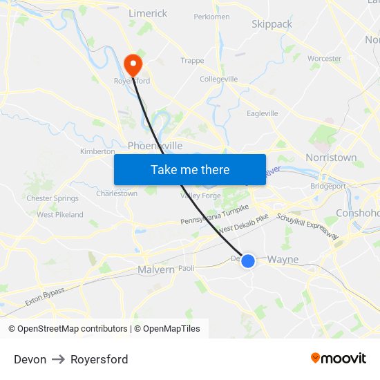 Devon to Royersford map