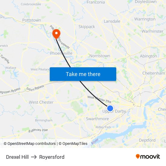 Drexel Hill to Royersford map