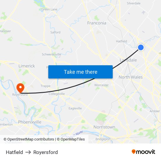Hatfield to Royersford map