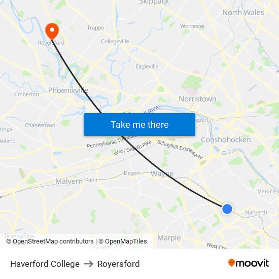 Haverford College to Royersford map