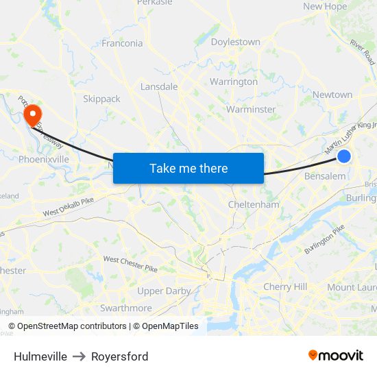 Hulmeville to Royersford map