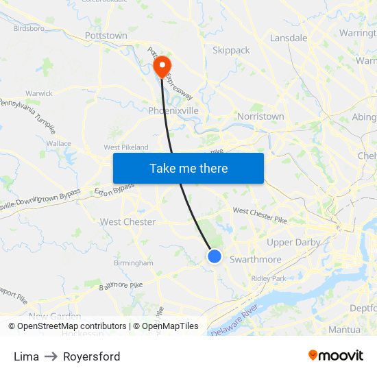 Lima to Royersford map