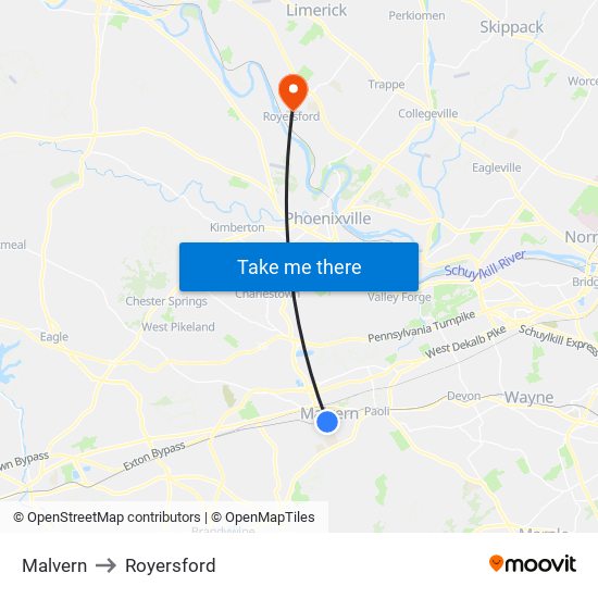 Malvern to Royersford map