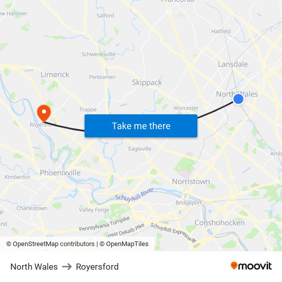 North Wales to Royersford map