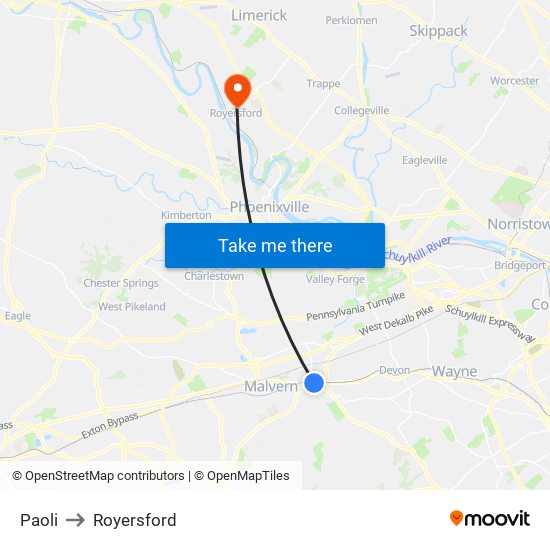 Paoli to Royersford map