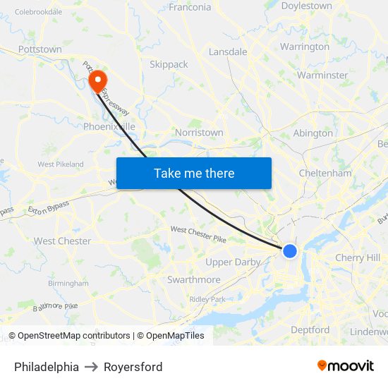 Philadelphia to Royersford map