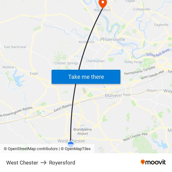 West Chester to Royersford map