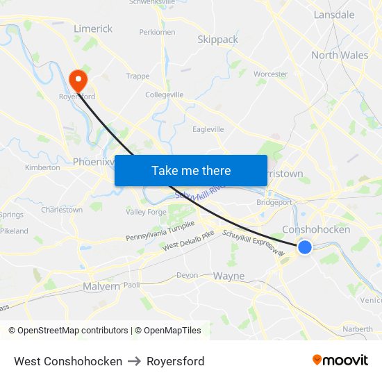 West Conshohocken to Royersford map