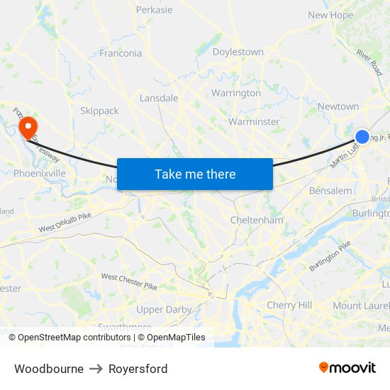 Woodbourne to Royersford map