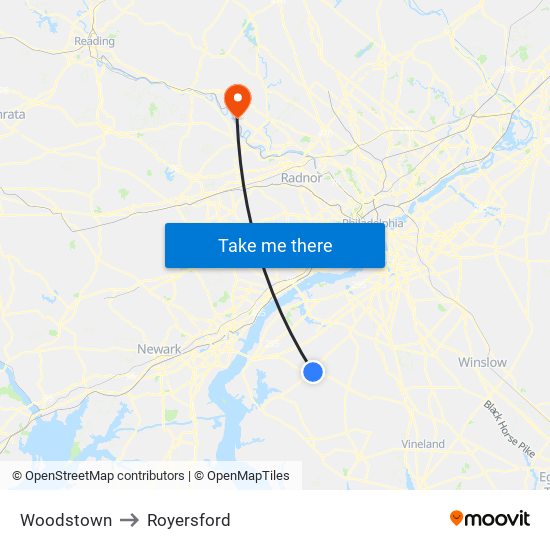 Woodstown to Royersford map