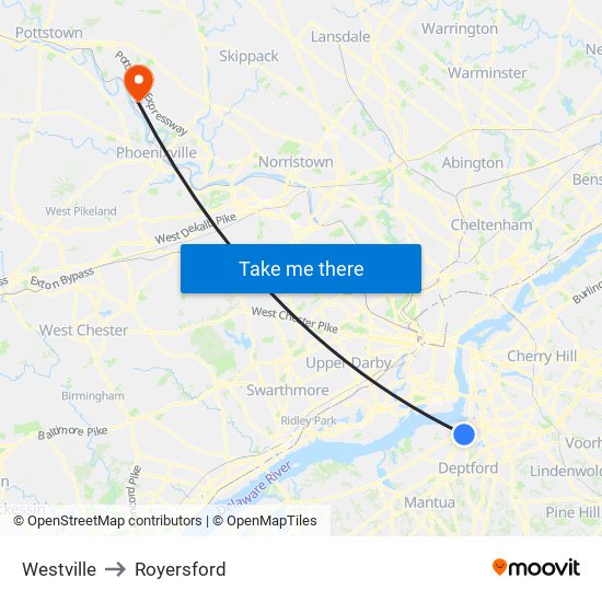 Westville to Royersford map