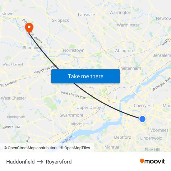 Haddonfield to Royersford map