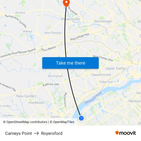 Carneys Point to Royersford map