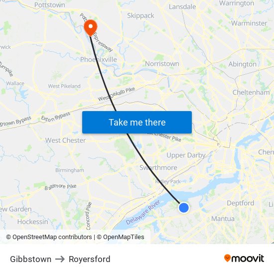 Gibbstown to Royersford map