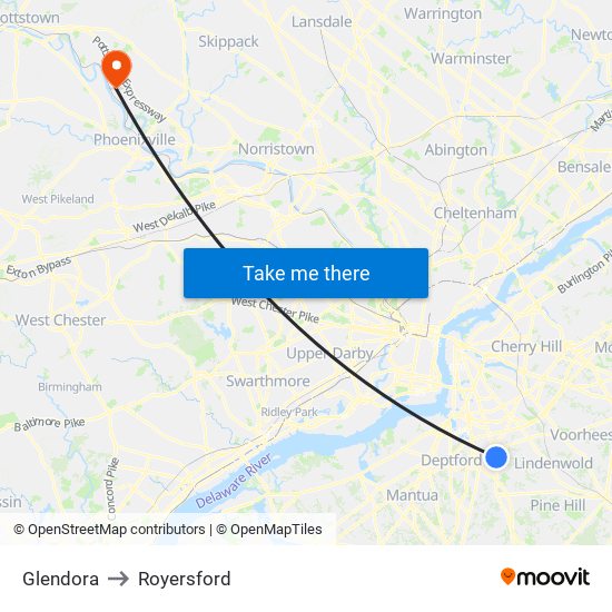 Glendora to Royersford map