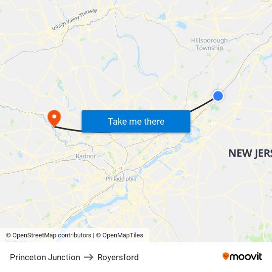 Princeton Junction to Royersford map