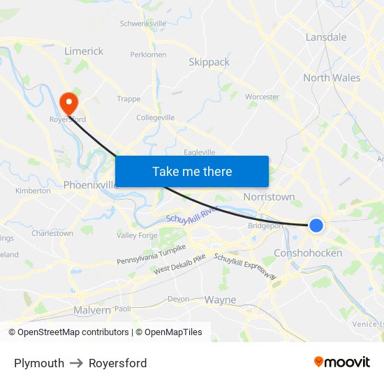 Plymouth to Royersford map