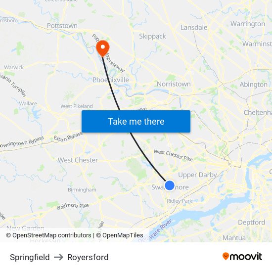Springfield to Royersford map