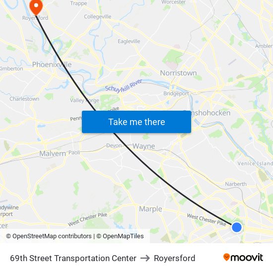 69th Street Transportation Center to Royersford map