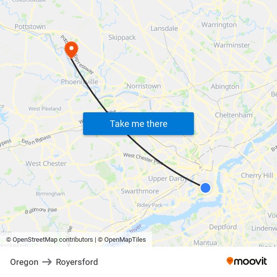 Oregon to Royersford map