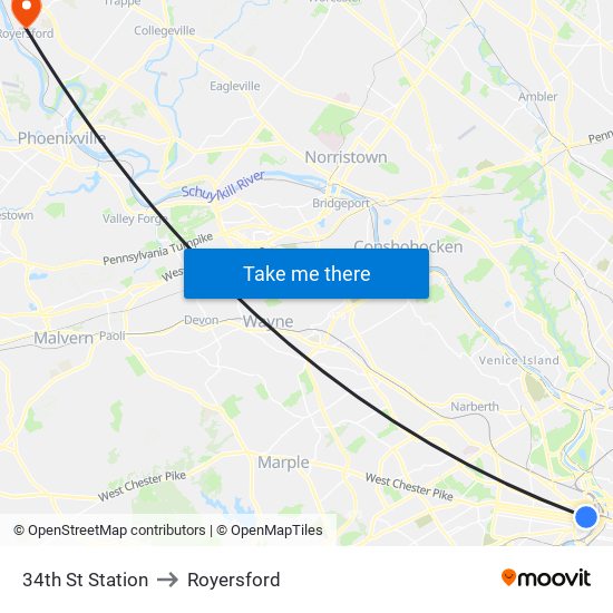 34th St Station to Royersford map