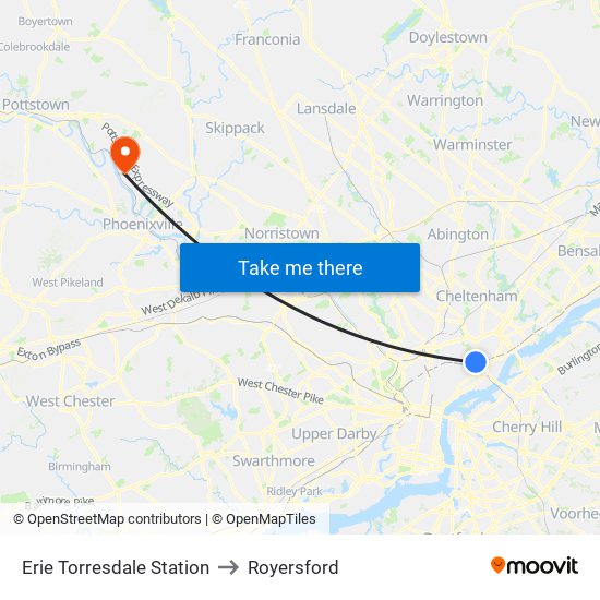 Erie Torresdale Station to Royersford map
