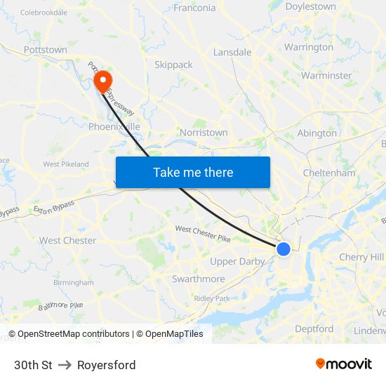 30th St to Royersford map